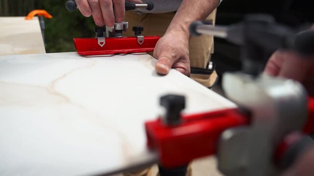 Close-up view of an tile cutting a tile surface. precision cutting, professional renovation work, and accurate material preparation 