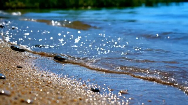 Low angle close up of gentle waves lapping sandy beach on a sunny day