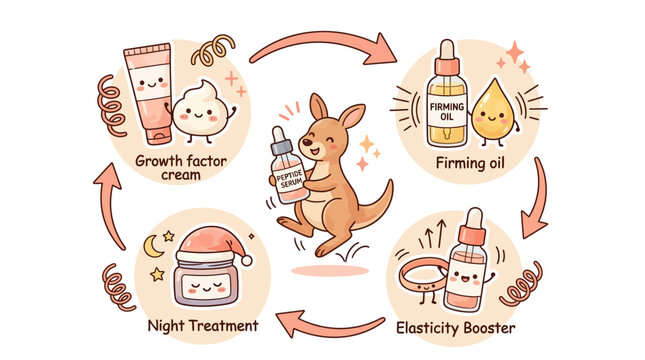 Cute Kangaroo with Skincare Products Cycle - Growth Cream, Firming Oil, Elasticity Booster