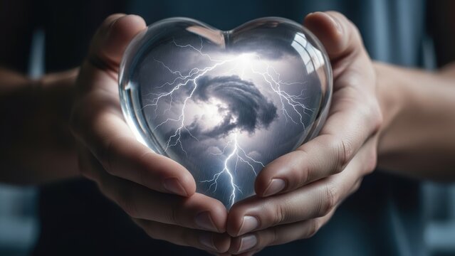 A person cupping a glass heart with a storm and lightning within.
