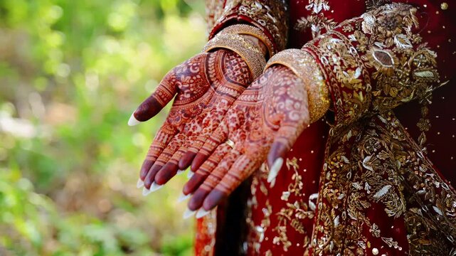Indian bride showing detailed mehndi designs on hands during traditional wedding celebration. Elegant bridal jewelry, embroidered dress, and cultural beauty outdoors.