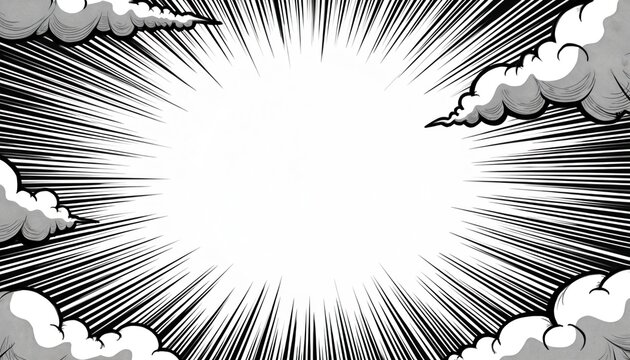 Black and white manga panel border with speed lines and clouds. Blank comic book page center for text or action. Dynamic comic book frame ready for speech bubbles.