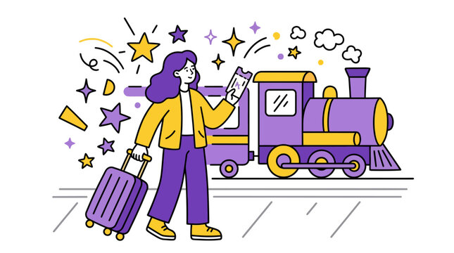 Woman with suitcase and ticket at train station, embarking on a journey