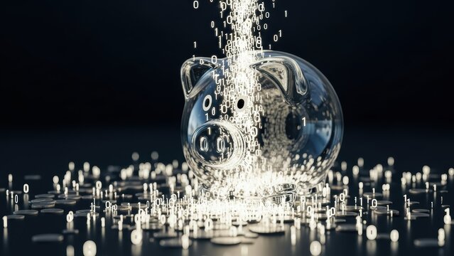 Digital data in the form of binary code flowing into a glass piggy bank.