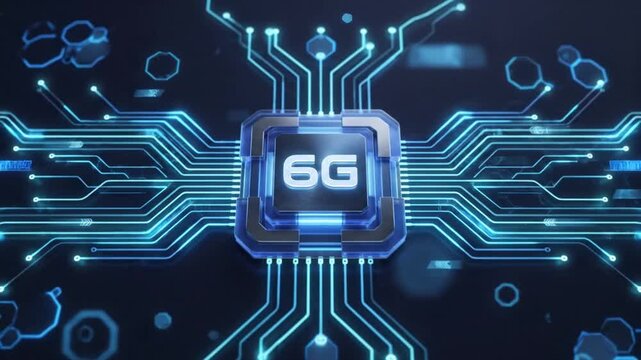 Futuristic 6G network processor chip technology circuit board abstract background concept