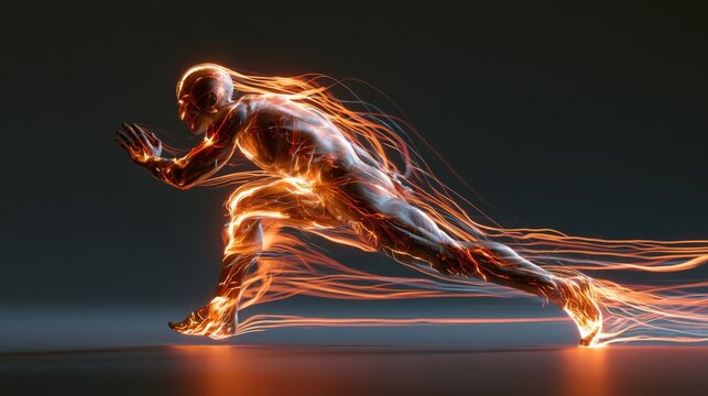 The Fiery Sprinter: A human figure depicted as a dynamic streak of fire, embodying speed, power, and intense motion in a dramatic, abstract representation.
