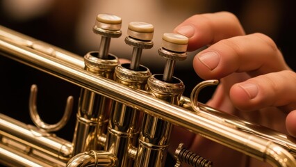 Obraz premium A hand playing the valves on a golden trumpet.