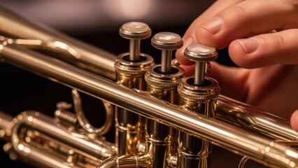 Obraz premium A musician's fingers pressing the valves of a brass trumpet.