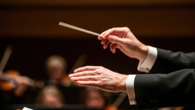 An orchestra conductor's hands, one with a baton and one open.