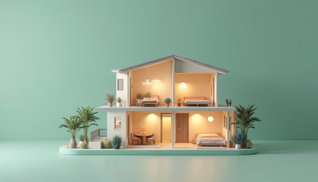 Cross section of two story house interior design model. Furnished rooms include living area, dining space, bedrooms, balcony with plants. Modern cozy home concept.
