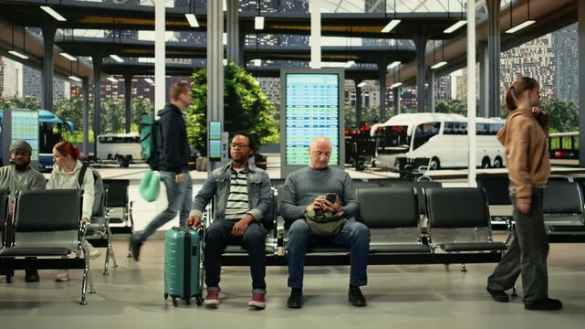 Modern bus station hall with diverse travelers sitting in waiting area before departure. Passengers with carry-on bags preparing for interstate coach travel, affordable cross-country connections.