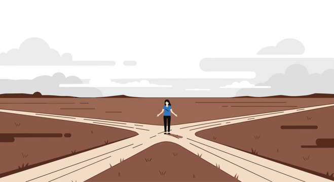 A woman stands with arms outstretched at a junction of three roads crossing a barren desert landscape under a gray cloudy sky in a flat vector style.