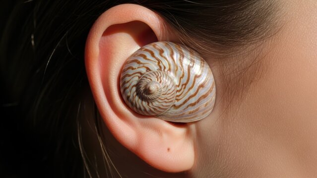 A seashell with brown stripes nestled inside a human ear.