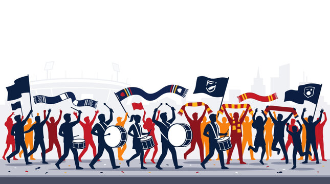 People marching with flags and drums.