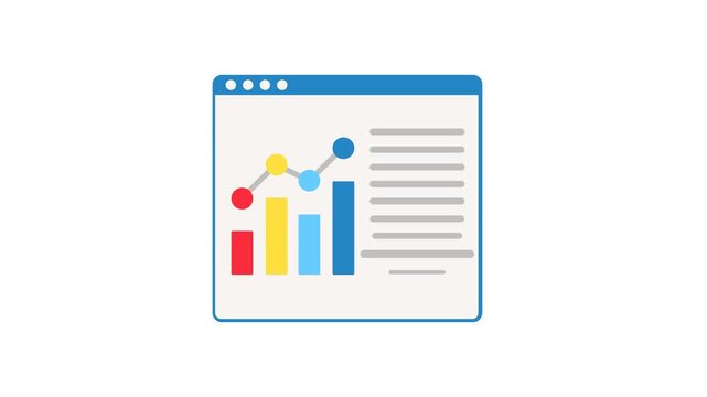 Modern motion graphic animation featuring website analytics with graphs and magnifying glass, ideal for online analytical processing, business intelligence, data monitoring, and digital marketing.
