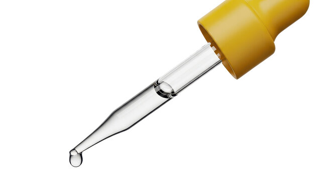 Clear glass dropper with yellow cap dripping liquid drop on white background