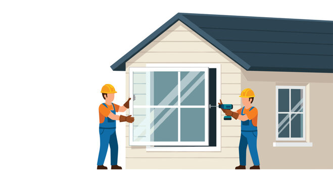 Two professional construction workers in safety gear install a large modern window frame into the siding of a beige residential house on a white background.