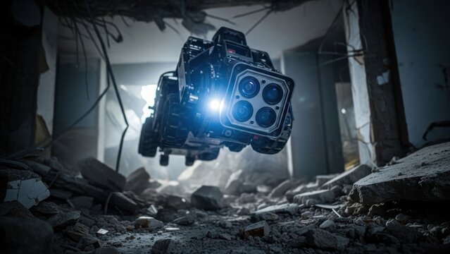 A futuristic surveillance drone hovering in a destroyed building.