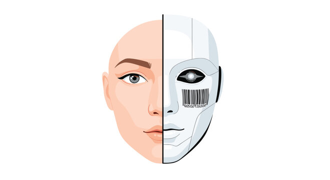 A dual-sided portrait featuring a split human and robotic face with a glowing blue eye sensor and a barcode detail is presented on a plain white backdrop.