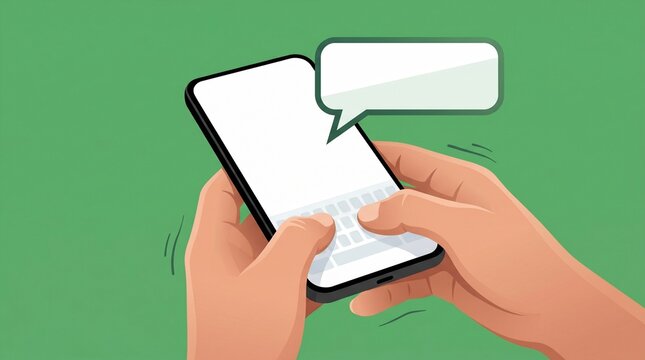 Person Typing Message on Phone Green Background Chat Bubble