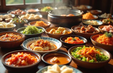Fototapeta premium Abundant table filled with assorted dishes, steamed dumplings, vibrant salads. Steaming pot sits centrally, suggesting warm, communal meal. Multiple bowls display rich stews, sauteed vegetables,
