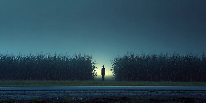 Creepy Silhouette in Cornfield at Night