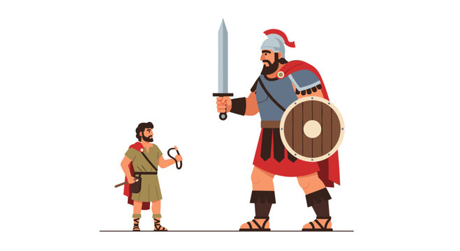 A tiny soldier holding a simple slingshot confronts a towering armored knight wielding a large steel broadsword and a circular wooden shield in a bright space.