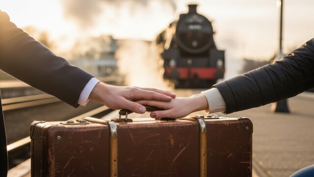 A couple holding hands over a vintage suitcase at a train station.