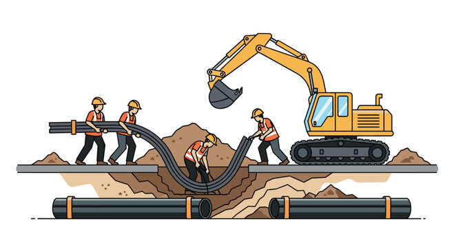 Construction workers wearing orange high-visibility vests and hard hats lay large black pipes into a ground trench with an excavator assisting the project.