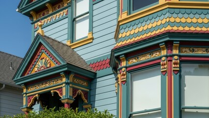 Fototapeta premium The colorful and detailed exterior of a Victorian home.