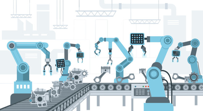 Robotic assembly units placing engine pistons on a moving conveyor belt within a high-tech manufacturing plant rendered in a clean flat illustration style with blue.