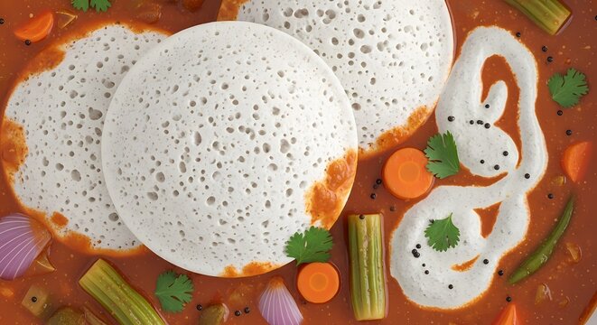 Close up of south indian appam served with a vibrant curry and garnish