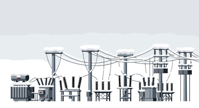 A series of electrical transformers and utility poles covered in thick winter snow stands against a light grey background in a stylized vector graphic illustration.