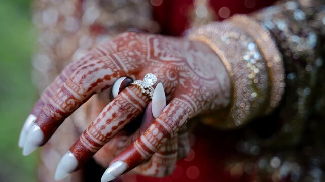 Close up of Indian bride mehndi hands holding diamond engagement ring during traditional wedding ceremony. Elegant bridal jewelry and cultural celebration details.