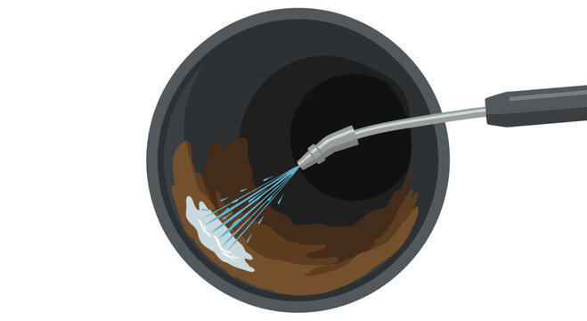 A professional plumbing hose sprays a powerful stream of clear water into a dark circular pipe to wash away heavy layers of brown sludge buildup inside the drain.