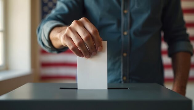 Man casts blank paper ballot into box. Voting booth interior, american flag background. Citizen makes choice, participates in election. Democratic process, civic duty, freedom.