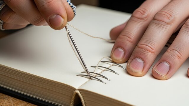 Close-up on hands using a needle to bind the pages of a book.