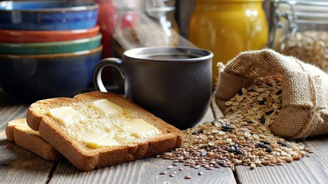 Morning breakfast scene featuring toast with butter, a coffee mug, and various grains on a wooden table for a cozy atmosphere