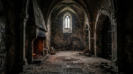 Obraz premium Cinematic shot of dark abandoned stone chamber filled with floating orange embers drifting slowly atmosphere