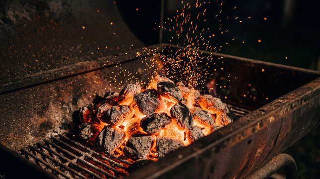 Close up of glowing charcoal briquettes in barbecue pit spitting tiny sharp orange sparks upward