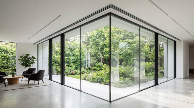 Linear slot diffuser vent running along top of luxury glass wall showing faint reflections interior