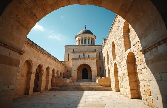 Dormition Abbey monastery on Mount Zion Jerusalem Israel. Stone building with dome and arches. Located on holy hill in old city. Famous Christian pilgrimage site for tourists.