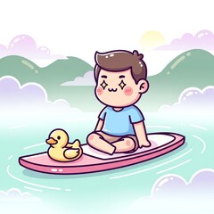 Naklejka premium Cute Boy with Rubber Duck on Paddleboard.