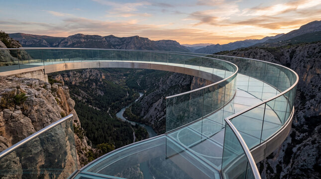 Glass Bridge Designed With Fibonacci Sequence Curves Minimalist and Math Inspired Architecture Structure Background Presentation