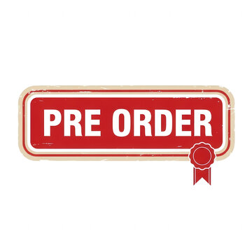 Red pre order badge with star and ribbon design