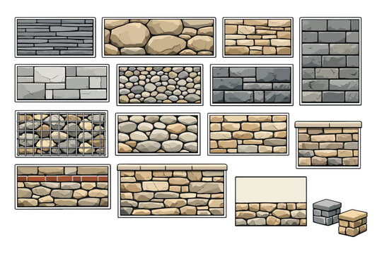 Set of Stone Wall and Brick Texture Illustrations for Construction and Architectural Design