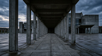 Obraz premium Symmetrical row of minimalist concrete columns located outside a military garrison assembly civic exhibition hall