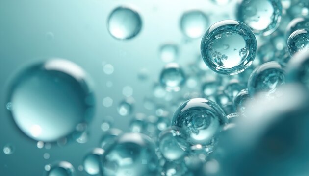 Close-up of clear water droplets and air bubbles floating. Microscopic view of liquid molecules forming spheres. Scientific abstract background with fluid dynamics.