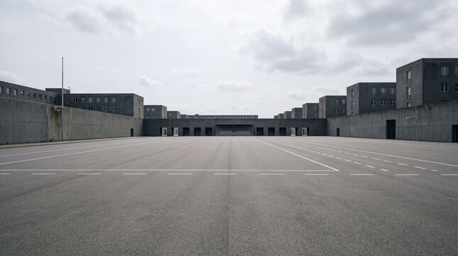Empty parade ground in minimalist garrison city with perfectly smooth asphalt surface outdoor scene architecture