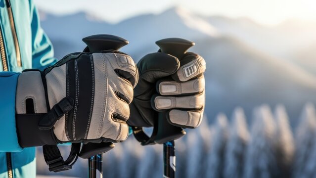 Close-up of gloved hands holding ski poles in a snowy mountain landscape.